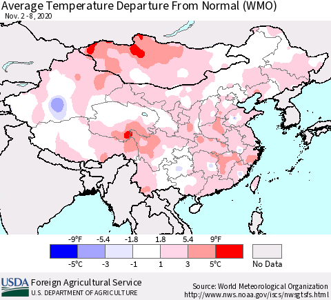 China, Mongolia and Taiwan Average Temperature Departure from Normal (WMO) Thematic Map For 11/2/2020 - 11/8/2020
