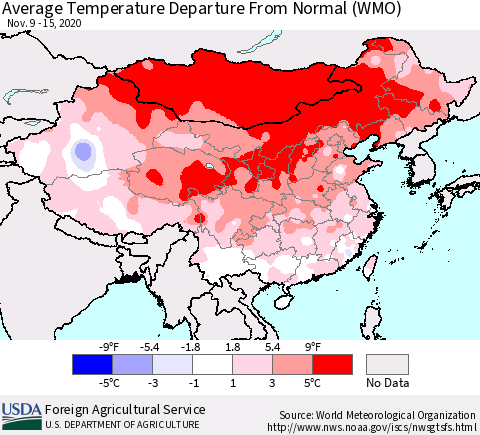 China, Mongolia and Taiwan Average Temperature Departure from Normal (WMO) Thematic Map For 11/9/2020 - 11/15/2020