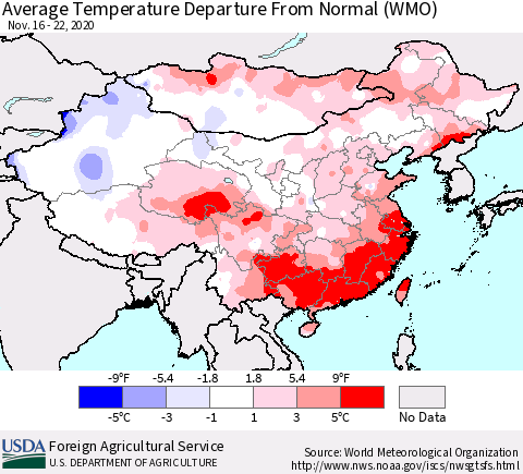 China, Mongolia and Taiwan Average Temperature Departure from Normal (WMO) Thematic Map For 11/16/2020 - 11/22/2020