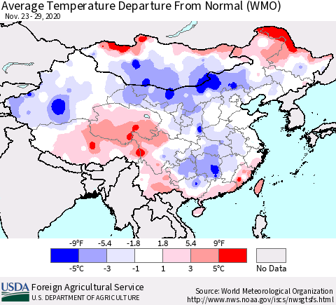 China, Mongolia and Taiwan Average Temperature Departure from Normal (WMO) Thematic Map For 11/23/2020 - 11/29/2020