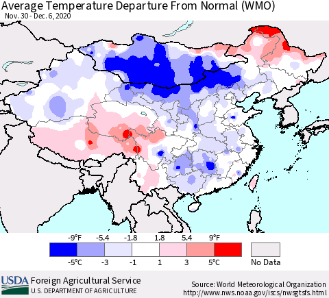 China, Mongolia and Taiwan Average Temperature Departure from Normal (WMO) Thematic Map For 11/30/2020 - 12/6/2020