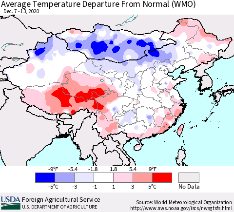 China, Mongolia and Taiwan Average Temperature Departure from Normal (WMO) Thematic Map For 12/7/2020 - 12/13/2020