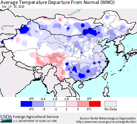 China, Mongolia and Taiwan Average Temperature Departure from Normal (WMO) Thematic Map For 12/14/2020 - 12/20/2020