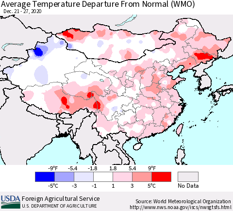 China, Mongolia and Taiwan Average Temperature Departure from Normal (WMO) Thematic Map For 12/21/2020 - 12/27/2020