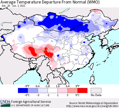 China, Mongolia and Taiwan Average Temperature Departure from Normal (WMO) Thematic Map For 12/28/2020 - 1/3/2021