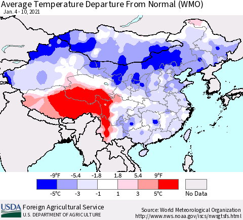 China, Mongolia and Taiwan Average Temperature Departure from Normal (WMO) Thematic Map For 1/4/2021 - 1/10/2021