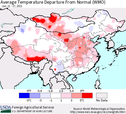 China, Mongolia and Taiwan Average Temperature Departure from Normal (WMO) Thematic Map For 1/11/2021 - 1/17/2021