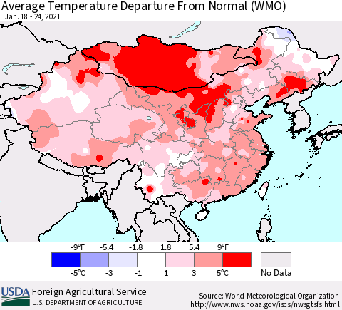 China, Mongolia and Taiwan Average Temperature Departure from Normal (WMO) Thematic Map For 1/18/2021 - 1/24/2021