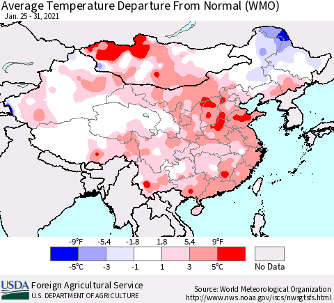 China, Mongolia and Taiwan Average Temperature Departure from Normal (WMO) Thematic Map For 1/25/2021 - 1/31/2021
