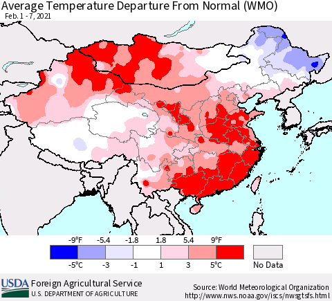 China, Mongolia and Taiwan Average Temperature Departure from Normal (WMO) Thematic Map For 2/1/2021 - 2/7/2021