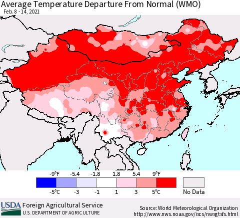 China, Mongolia and Taiwan Average Temperature Departure from Normal (WMO) Thematic Map For 2/8/2021 - 2/14/2021