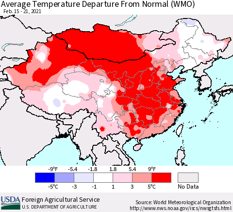 China, Mongolia and Taiwan Average Temperature Departure from Normal (WMO) Thematic Map For 2/15/2021 - 2/21/2021