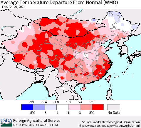 China, Mongolia and Taiwan Average Temperature Departure from Normal (WMO) Thematic Map For 2/22/2021 - 2/28/2021