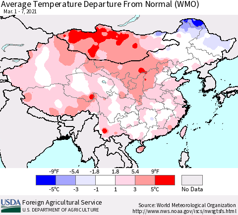 China, Mongolia and Taiwan Average Temperature Departure from Normal (WMO) Thematic Map For 3/1/2021 - 3/7/2021