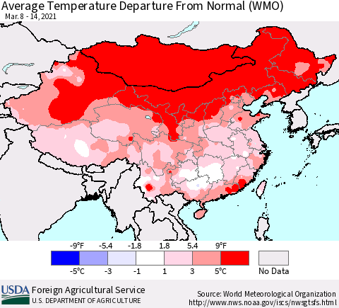 China, Mongolia and Taiwan Average Temperature Departure from Normal (WMO) Thematic Map For 3/8/2021 - 3/14/2021