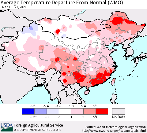 China, Mongolia and Taiwan Average Temperature Departure from Normal (WMO) Thematic Map For 3/15/2021 - 3/21/2021