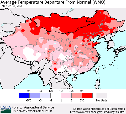 China, Mongolia and Taiwan Average Temperature Departure from Normal (WMO) Thematic Map For 3/22/2021 - 3/28/2021