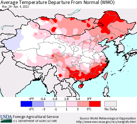 China, Mongolia and Taiwan Average Temperature Departure from Normal (WMO) Thematic Map For 3/29/2021 - 4/4/2021