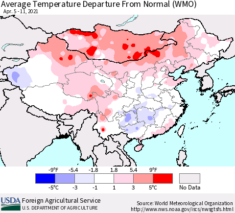 China, Mongolia and Taiwan Average Temperature Departure from Normal (WMO) Thematic Map For 4/5/2021 - 4/11/2021