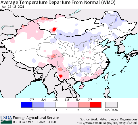 China, Mongolia and Taiwan Average Temperature Departure from Normal (WMO) Thematic Map For 4/12/2021 - 4/18/2021