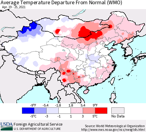 China, Mongolia and Taiwan Average Temperature Departure from Normal (WMO) Thematic Map For 4/19/2021 - 4/25/2021