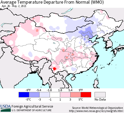 China, Mongolia and Taiwan Average Temperature Departure from Normal (WMO) Thematic Map For 4/26/2021 - 5/2/2021