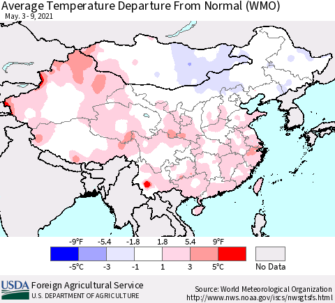China, Mongolia and Taiwan Average Temperature Departure from Normal (WMO) Thematic Map For 5/3/2021 - 5/9/2021