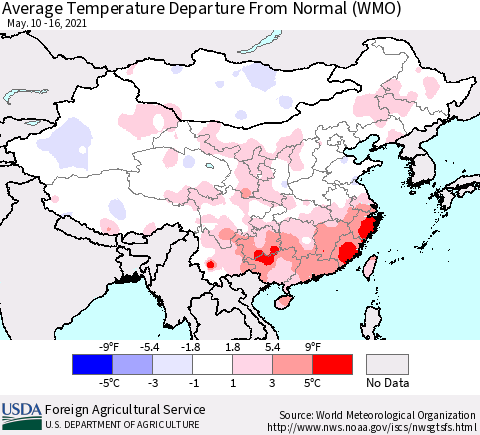 China, Mongolia and Taiwan Average Temperature Departure from Normal (WMO) Thematic Map For 5/10/2021 - 5/16/2021