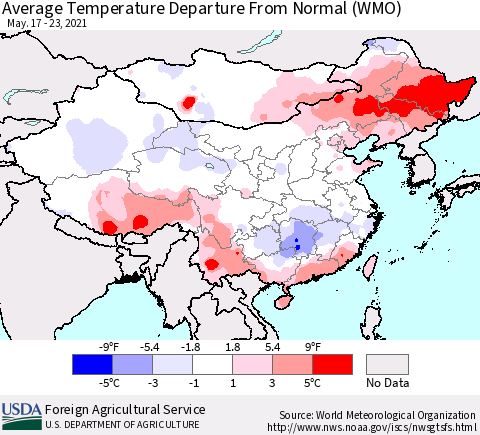 China, Mongolia and Taiwan Average Temperature Departure from Normal (WMO) Thematic Map For 5/17/2021 - 5/23/2021