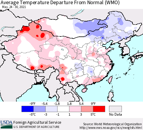 China, Mongolia and Taiwan Average Temperature Departure from Normal (WMO) Thematic Map For 5/24/2021 - 5/30/2021