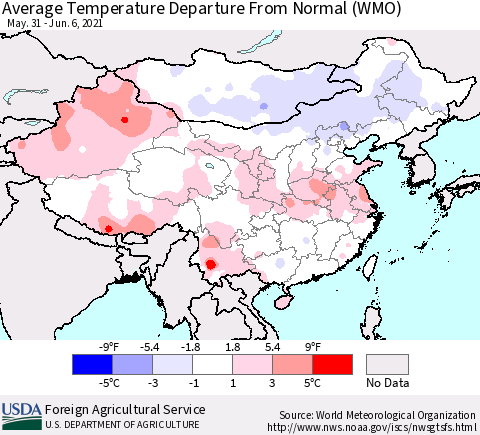 China, Mongolia and Taiwan Average Temperature Departure from Normal (WMO) Thematic Map For 5/31/2021 - 6/6/2021