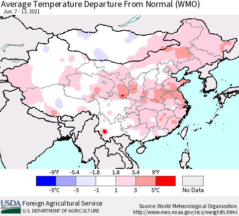 China, Mongolia and Taiwan Average Temperature Departure from Normal (WMO) Thematic Map For 6/7/2021 - 6/13/2021