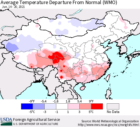 China, Mongolia and Taiwan Average Temperature Departure from Normal (WMO) Thematic Map For 6/14/2021 - 6/20/2021