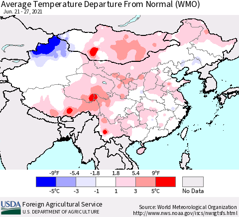 China, Mongolia and Taiwan Average Temperature Departure from Normal (WMO) Thematic Map For 6/21/2021 - 6/27/2021