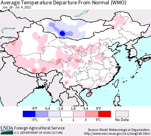 China, Mongolia and Taiwan Average Temperature Departure from Normal (WMO) Thematic Map For 6/28/2021 - 7/4/2021