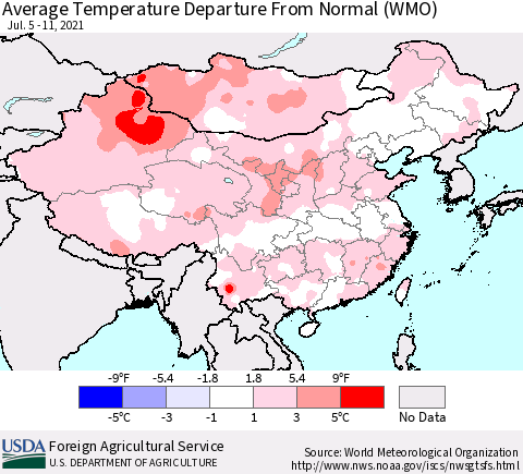 China, Mongolia and Taiwan Average Temperature Departure from Normal (WMO) Thematic Map For 7/5/2021 - 7/11/2021