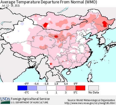 China, Mongolia and Taiwan Average Temperature Departure from Normal (WMO) Thematic Map For 7/12/2021 - 7/18/2021