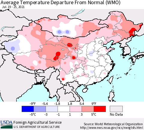China, Mongolia and Taiwan Average Temperature Departure from Normal (WMO) Thematic Map For 7/19/2021 - 7/25/2021