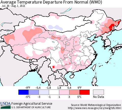 China, Mongolia and Taiwan Average Temperature Departure from Normal (WMO) Thematic Map For 7/26/2021 - 8/1/2021