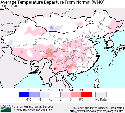 China, Mongolia and Taiwan Average Temperature Departure from Normal (WMO) Thematic Map For 8/2/2021 - 8/8/2021