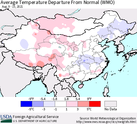 China, Mongolia and Taiwan Average Temperature Departure from Normal (WMO) Thematic Map For 8/9/2021 - 8/15/2021