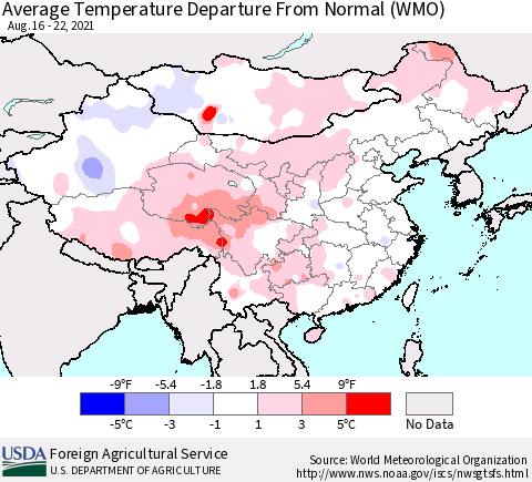 China, Mongolia and Taiwan Average Temperature Departure from Normal (WMO) Thematic Map For 8/16/2021 - 8/22/2021