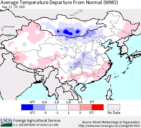 China, Mongolia and Taiwan Average Temperature Departure from Normal (WMO) Thematic Map For 8/23/2021 - 8/29/2021