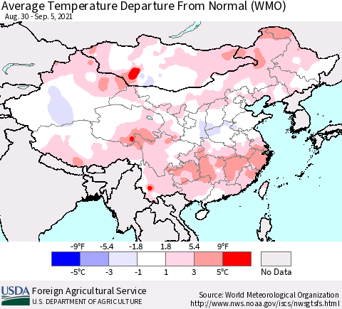 China, Mongolia and Taiwan Average Temperature Departure from Normal (WMO) Thematic Map For 8/30/2021 - 9/5/2021