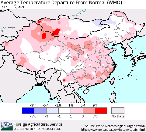 China, Mongolia and Taiwan Average Temperature Departure from Normal (WMO) Thematic Map For 9/6/2021 - 9/12/2021