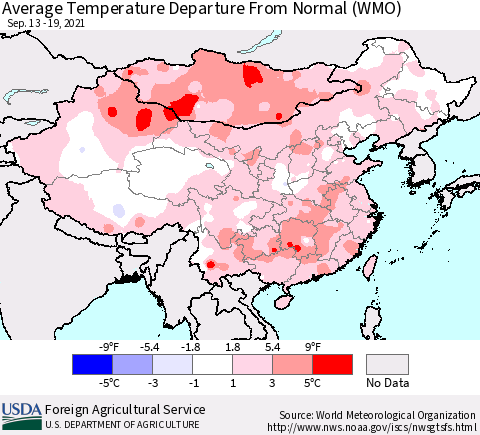 China, Mongolia and Taiwan Average Temperature Departure from Normal (WMO) Thematic Map For 9/13/2021 - 9/19/2021