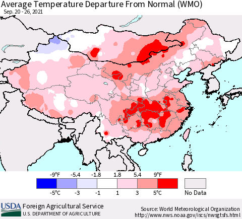 China, Mongolia and Taiwan Average Temperature Departure from Normal (WMO) Thematic Map For 9/20/2021 - 9/26/2021
