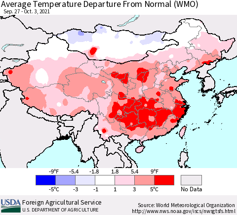 China, Mongolia and Taiwan Average Temperature Departure from Normal (WMO) Thematic Map For 9/27/2021 - 10/3/2021
