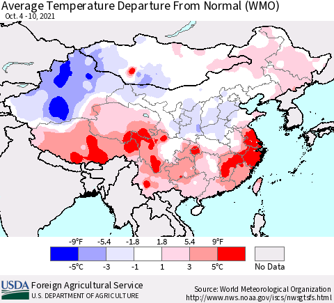 China, Mongolia and Taiwan Average Temperature Departure from Normal (WMO) Thematic Map For 10/4/2021 - 10/10/2021