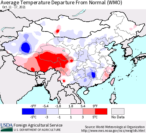 China, Mongolia and Taiwan Average Temperature Departure from Normal (WMO) Thematic Map For 10/11/2021 - 10/17/2021